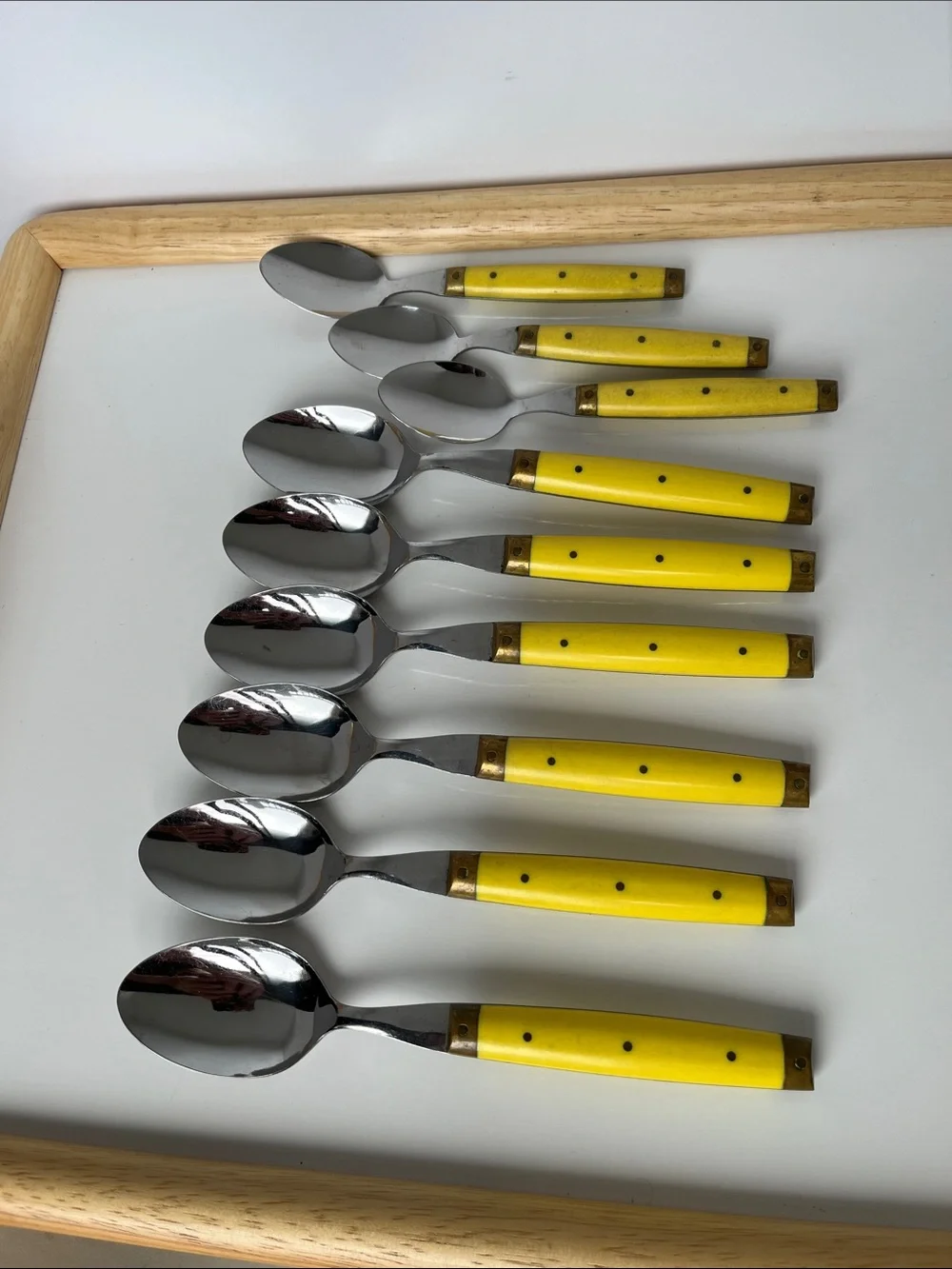 Vintage Bonniers France Yellow Handle Spoon Set MCM French Bistro Brass Flatware